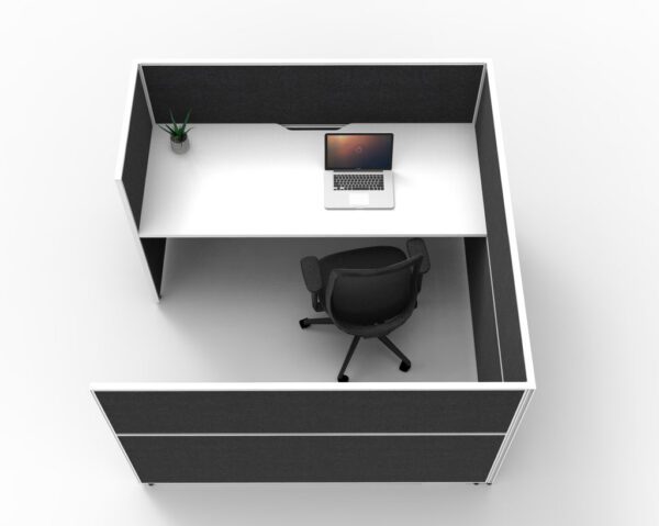 SHUSH30 One Single Person Cubicle Workstation Black Low Screen Hung White Worktop Top View