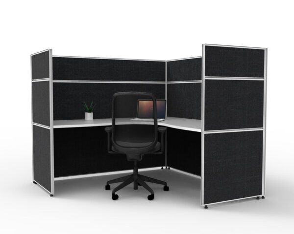 SHUSH30 One Single Person Corner Cubicle Workstation Black High Screen Hung White Worktop Rear Left View