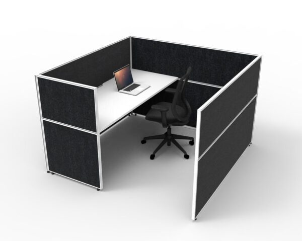 SHUSH30 One Single Person Cubicle Workstation Black Low Screen Hung White Worktop Demonstration