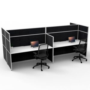 SHUSH30 4 Person Back to Back Workstation Black High Screen Hung White Tabletop Front Angled View