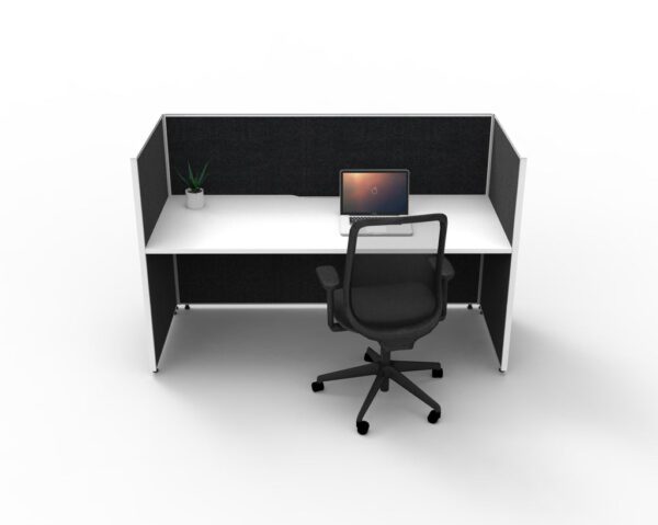 SHUSH30 One Single Person Corner Inline Cubicle Workstation Black Low Screen Hung White Worktop Rear View Demonstration