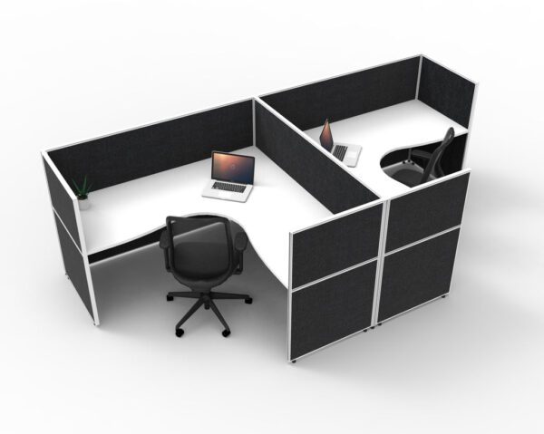 SHUSH30 2 Person Corner Side by Side Workstations Black Low Screen Hung White Worktop Workstation Rear Angled View