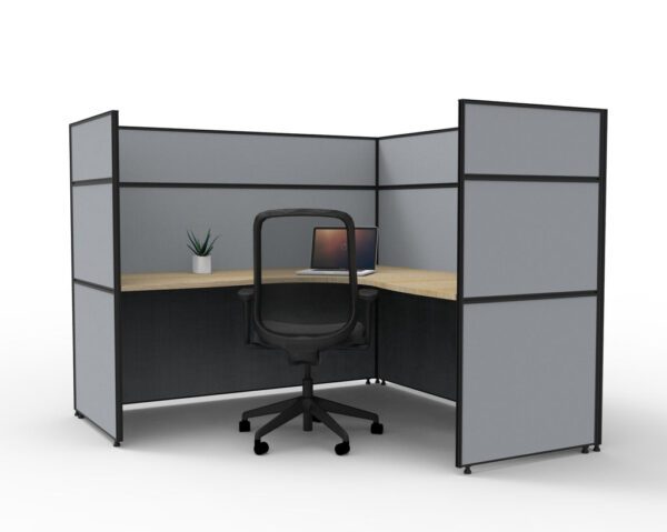 SHUSH30 One Single Person Corner Cubicle Workstation Grey Gray High Screen Hung Oak Worktop Rear Left View