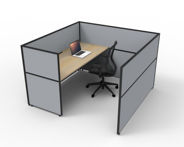 SHUSH30 One Single Person Cubicle Workstation Grey Gray Low Screen Hung Oak Worktop Left Side View Demonstration