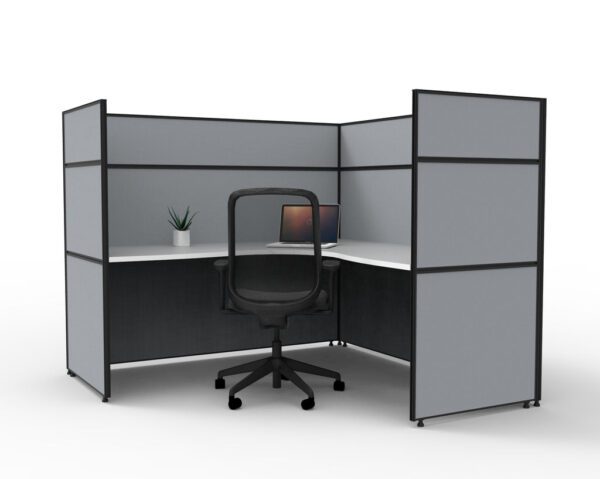 SHUSH30 One Single Person Corner Cubicle Workstation Grey Gray High Screen Hung White Worktop Rear Left View
