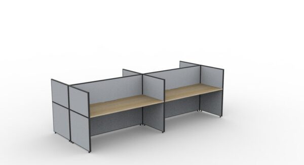 SHUSH30 4 Person Back to Back Workstation Grey Gray Low Screen Hung Oak Tabletop Front Left Angled View