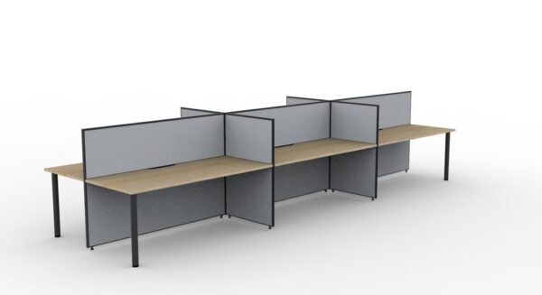 SHUSH30 6 Person Back to Back Workstation Round Leg Grey Gray Low Screen Oak Tabletop Front Left Angled View