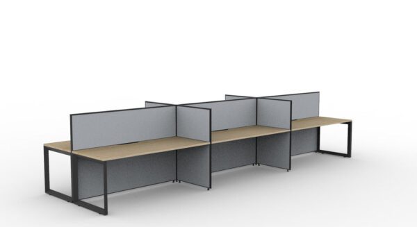 SHUSH30 6 Person Back to Back Workstation Loop Leg Grey Gray Low Screen Oak Worktop Table Front Left Angled View