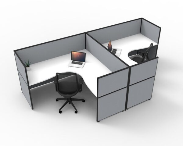 SHUSH30 2 Person Corner Side by Side Workstations Grey Gray Low Screen Hung White Worktop Workstation Rear Angled View