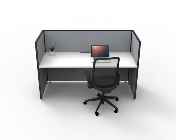 SHUSH30 One Single Person Corner Inline Cubicle Workstation Grey Gray Low Screen Hung White Worktop Rear View Demonstration