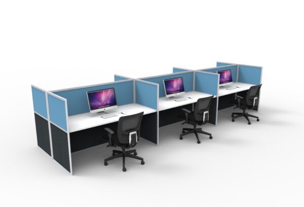 Rapid Screen 6 Person Back to Back Workstation Low Workscreen Blue White Base Front Left Side View